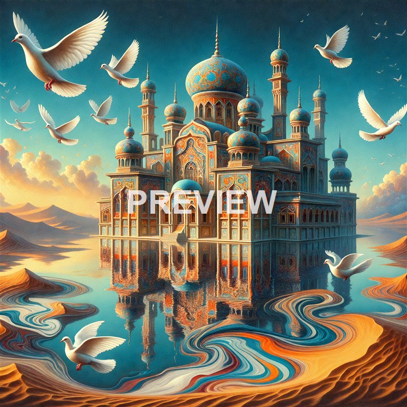 An elaborate, ornate palace with domes and minarets floating above a reflective body of water, surrounded by flying white doves and a colorful, swirling landscape.
